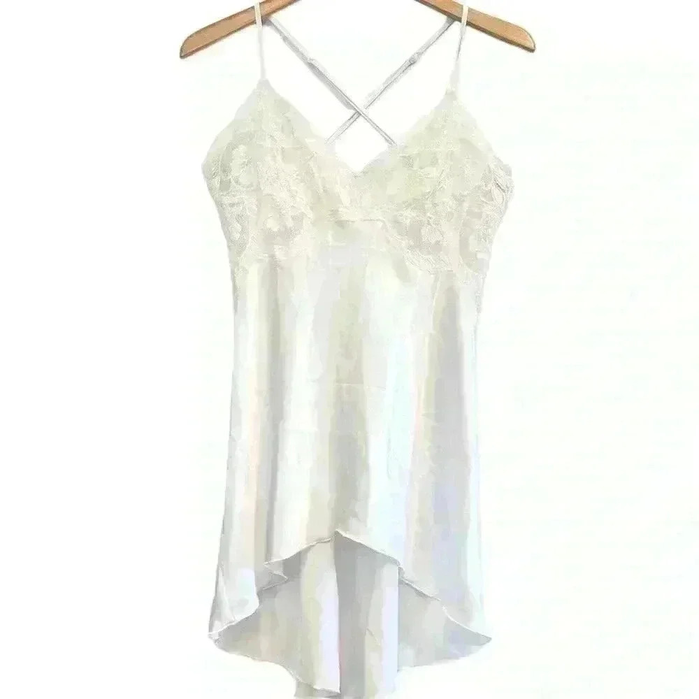 🌈 6/$60, Source Unknown, Lacy, Satiny, Nightgown, White, Adjustable Straps, Med